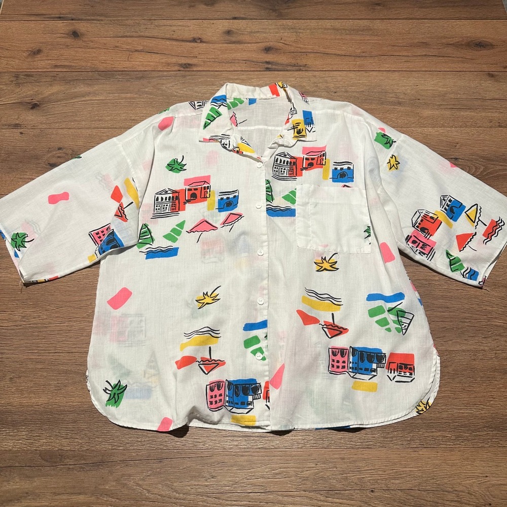 Unbranded Novelty Beach Print Button Down Shirt Women XL White Coastal Vacation